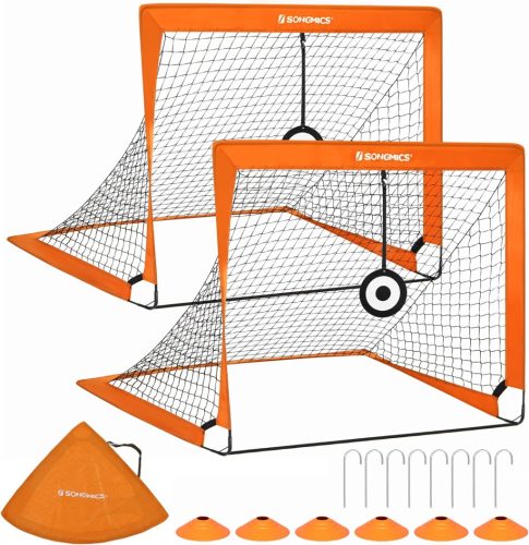 SONGMICS Gyerek Focihálószett 2db - Hordozható, Összecsukható Kapu Kertbe, Parkba, Strandra - Üvegszálas Váz, Narancssárga, 120x90x90 cm