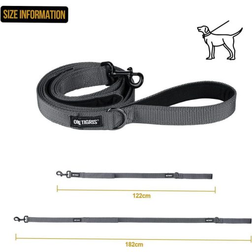 Párnázott dupla nyelű, szürke színű, S-es méretű, 122 cm-es kutyapóráz