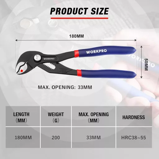 Clește pentru țevi WORKPRO 180mm, oțel Cr-V, reglabil, cu eliberare rapidă