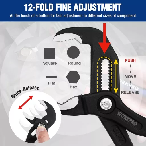 Clește pentru țevi WORKPRO 180mm, oțel Cr-V, reglabil, cu eliberare rapidă