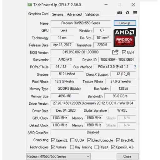 SAPLOS Radeon RX 550 4GB GDDR5 Alacsony Profil Videokártya HDMI DVI-D