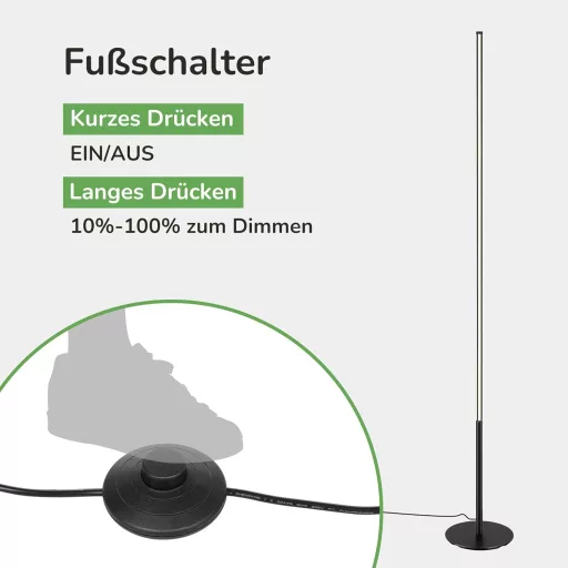 EDISHINE Állólámpa - Fekete Alumínium LED Padlólámpa 3000K Meleg Fénnyel, Szabályozható Fényerővel, Lábkapcsolóval, 1100 Lumen, 147 cm Magas