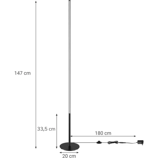 EDISHINE Állólámpa - Fekete Alumínium LED Padlólámpa 3000K Meleg Fénnyel, Szabályozható Fényerővel, Lábkapcsolóval, 1100 Lumen, 147 cm Magas