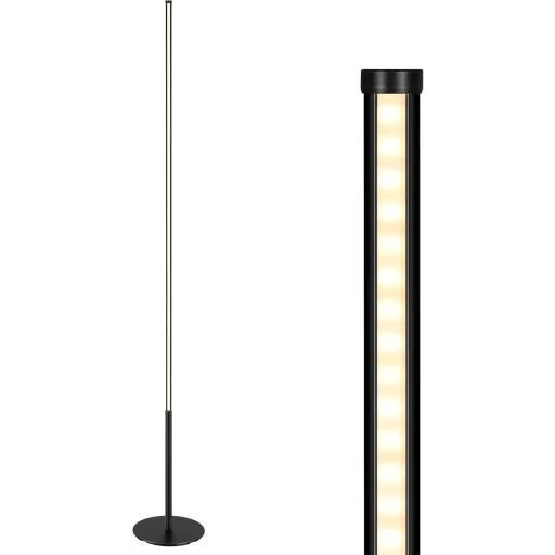 EDISHINE Stojaca lampa - Čierna hliníková LED podlahová lampa s teplým svetlom 3000K, stmievateľná, nožný spínač, 1100 lúmenov, výška 147 cm