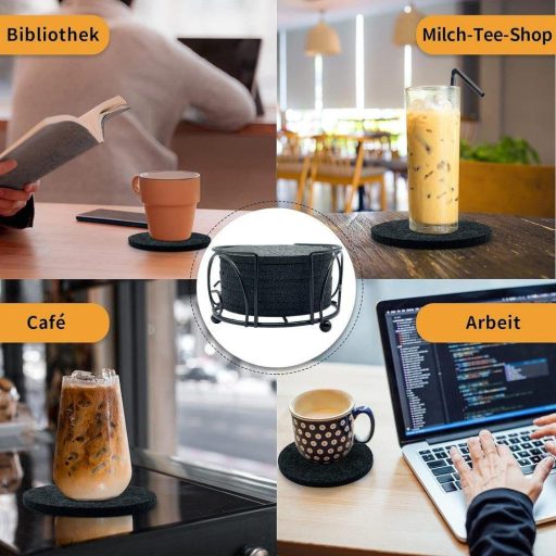 Umývateľná tmavosivá plstená súprava podložiek pod poháre InJolly, 12 ks s kovovým držiakom.