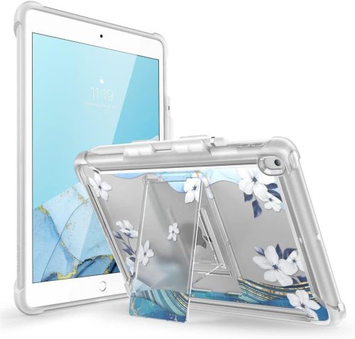 iPad 9/8/7 Gen 10.2 inch Szilikon Tablet Tok Kitámasztóval Virágmintás (Szürke)