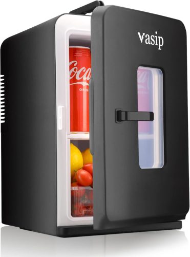 Vasip 15L Mini Hűtőszekrény - Hordozható Hűtő-Fűtő Funkció, 220V/12V, Otthonra, Irodába, Kempingezéshez és Autóba, 2 Polccal, Fekete