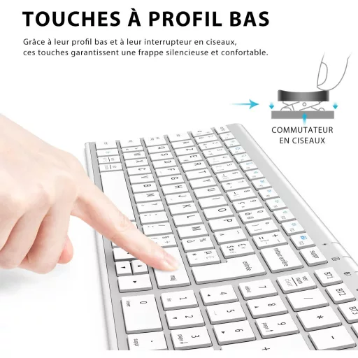 Tastatură Bluetooth iClever BK10 - Reîncărcabilă, Conectare 3 Dispozitive, AZERTY, Ultra-subțire, Albă, Compatibilă Mac/iPad/iPhone/PC