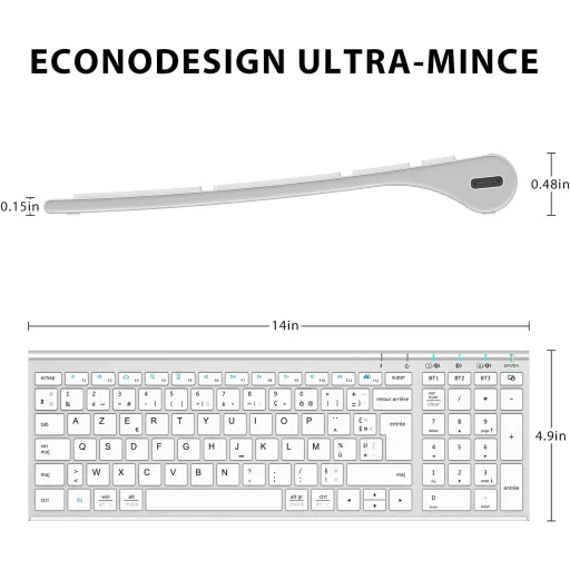 Tastatură Bluetooth iClever BK10 - Reîncărcabilă, Conectare 3 Dispozitive, AZERTY, Ultra-subțire, Albă, Compatibilă Mac/iPad/iPhone/PC
