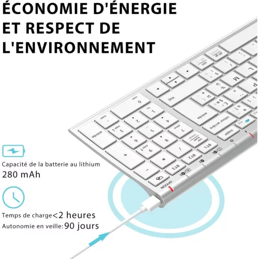 Tastatură Bluetooth iClever BK10 - Reîncărcabilă, Conectare 3 Dispozitive, AZERTY, Ultra-subțire, Albă, Compatibilă Mac/iPad/iPhone/PC