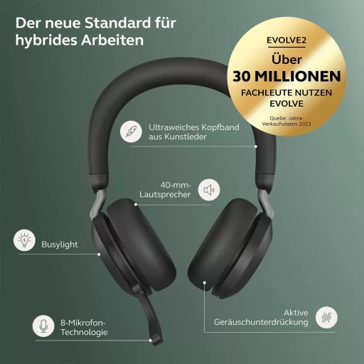 Jabra Evolve2 75 vezeték nélküli PC fejhallgató aktív zajszűréssel és Teams kompatibilitás