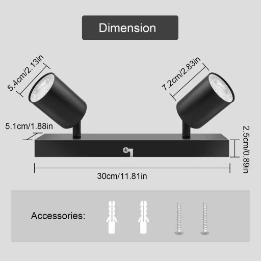 Dehobo LED Mennyezeti Spotlámpa 350° Forgatható 2-Izzós GU10 Fekete - Ceiling light, 2-bulb, Black