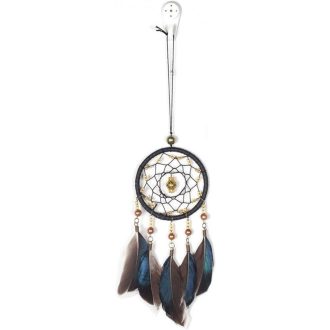   Álomfogó dekoráció Fehér Toll Kék Gyöngy Macrame Falidísz, 19cm-es átmérő,  Újracsomagolt termék