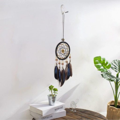 Álomfogó dekoráció Fehér Toll Kék Gyöngy Macrame Falidísz, 19cm-es átmérő,  Újracsomagolt termék