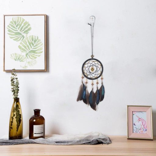 Álomfogó dekoráció Fehér Toll Kék Gyöngy Macrame Falidísz, 19cm-es átmérő,  Újracsomagolt termék