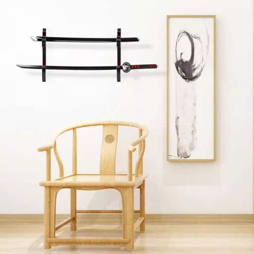 Ekkhysis Fali Kardtartó - Katana, Szamuráj Kard, Cosplay Fegyver Állvány - Fekete Préselt Fa, Forgó Konzol, Bársony Védelem, 9 kg Teherbírás