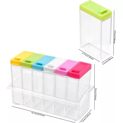Set Pinsheng de 6 recipiente transparente pentru condimente cu suport - Cutii pentru condimente din plastic fără BPA, pentru depozitare în bucătărie, camping, grătar