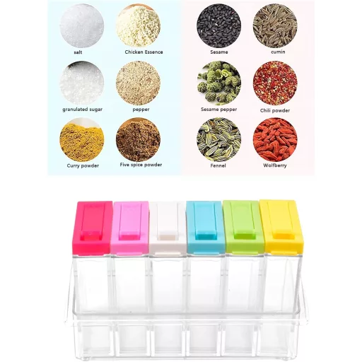 Set Pinsheng de 6 recipiente transparente pentru condimente cu suport - Cutii pentru condimente din plastic fără BPA, pentru depozitare în bucătărie, camping, grătar