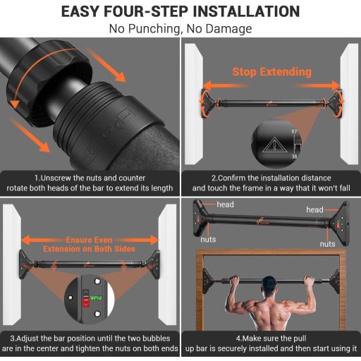 Sportneer Hrazda do dverí s nosnosťou 200 kg – bez vŕtania, nastaviteľná 75-94 cm, cvičebná tyč s PVC ochrannými podložkami a 360° Fo