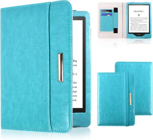 Husă albastră din piele PU cu curea de mână și suport pentru carduri pentru Kindle Paperwhite 11 (2021)