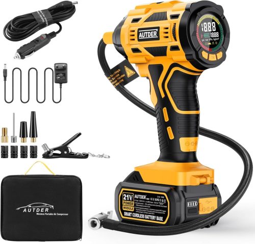 AUTDER Akkumulátoros Légkompresszor 180 PSI - Hordozható Autó Pumpa 21V Újratölthető Akkuval és 12V Szivargyújtó Adapterrel, Digitális Kijel
