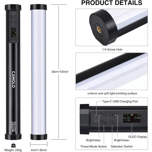 Lampă video LED RGB CAMOLO 45cm, Lumină portabilă pentru fotografii cu baterie de 5200mAh, 1200 lumeni, 21 de efecte, pentru realizarea de conținut TikTok