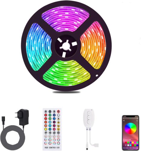 Bandă LED Bluetooth ALED LIGHT, 5M RGB - Controlabilă prin smartphone, rezistentă la apă, bandă luminoasă colorată de 12V pentru decorarea casei și a grădinii, cu telecomandă
