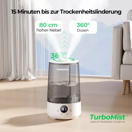 Homvana 3.6L hordozható párásító 360° hideg pára 34 órás működés csendes szürke