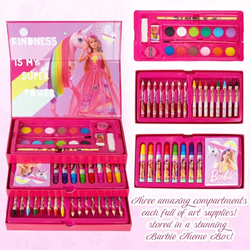Set de pictură Barbie cu creioane, carioci, acuarele și crete cerate