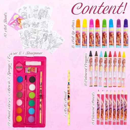 Set de pictură Barbie cu creioane, carioci, acuarele și crete cerate
