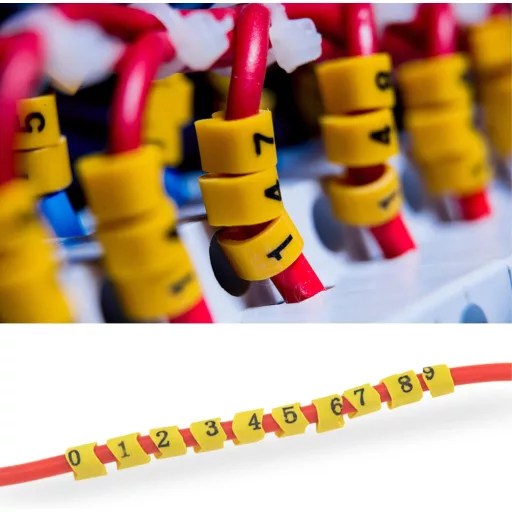 SRJQXH Kábel Jelölő Készlet - 10 Tekercs 0-9 Számozással, 2700 Kapszula, 2,5mm² Méretben, 4,2mm Átmérőig, PVC Anyagból, Sárga-Fekete