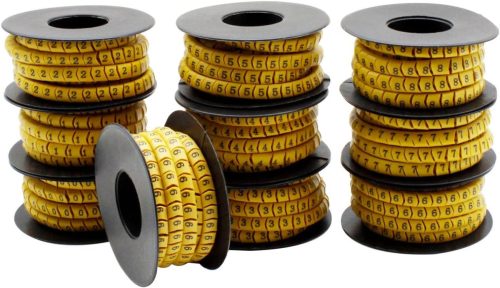 SRJQXH Kábel Jelölő Készlet - 10 Tekercs 0-9 Számozással, 2700 Kapszula, 2,5mm² Méretben, 4,2mm Átmérőig, PVC Anyagból, Sárga-Fekete