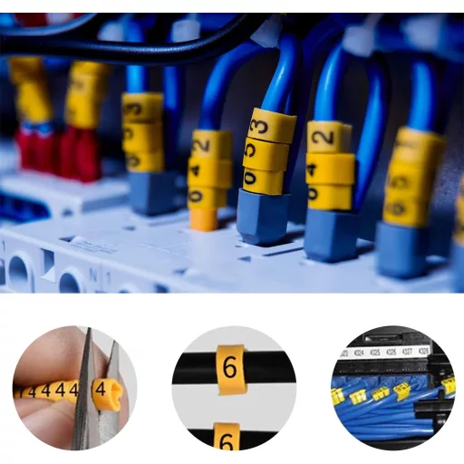 Set marcare cabluri SRJQXH - 10 role numerotate 0-9, 2700 capsule, dimensiune 2,5mm², până la 4,2mm diametru, material PVC, galben-negru.