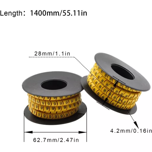 SRJQXH Kábel Jelölő Készlet - 10 Tekercs 0-9 Számozással, 2700 Kapszula, 2,5mm² Méretben, 4,2mm Átmérőig, PVC Anyagból, Sárga-Fekete
