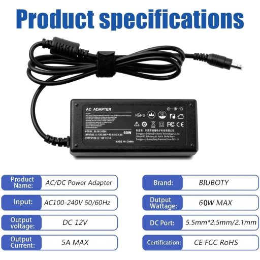 Adaptor BIUBOTY 60W 12V AC/DC pentru bandă LED, monitor, DVD, TV