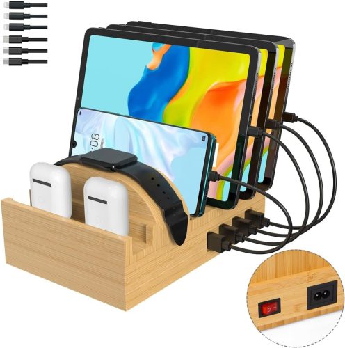 Alltripal Bamboo Töltőállomás 7 Portos USB Gyorstöltő - Többeszközös Telefontöltő Állvány iPhone, Samsung, Huawei Készülékekhez