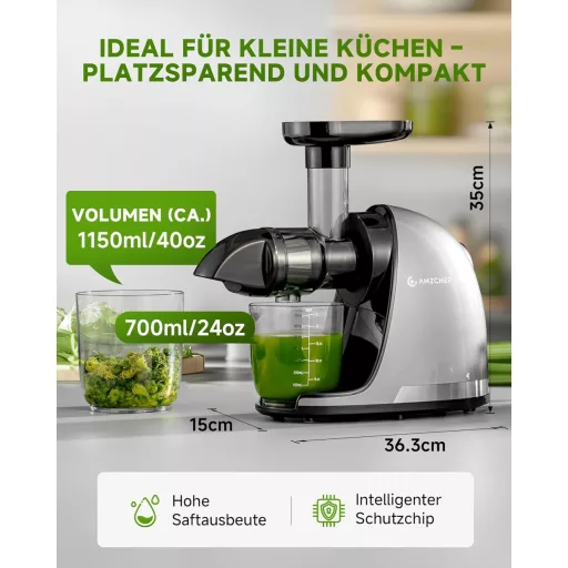 AMZCHEF Prémium Gyümölcs- és Zöldségprés 150W - Csendes Motoros Lassú Gyümölcsfacsaró Visszaforgató Funkcióval, Ezüst