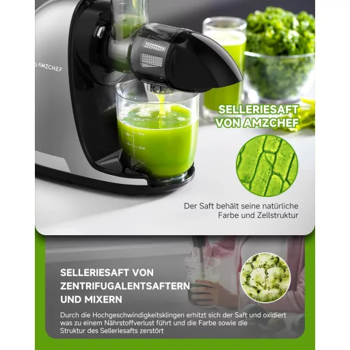 AMZCHEF Prémium Gyümölcs- és Zöldségprés 150W - Csendes Motoros Lassú Gyümölcsfacsaró Visszaforgató Funkcióval, Ezüst