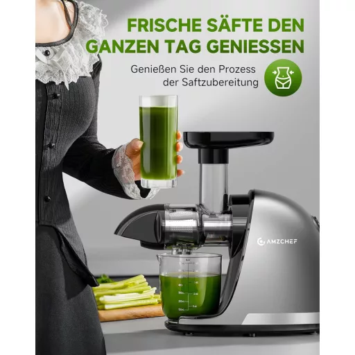 AMZCHEF Prémium Gyümölcs- és Zöldségprés 150W - Csendes Motoros Lassú Gyümölcsfacsaró Visszaforgató Funkcióval, Ezüst