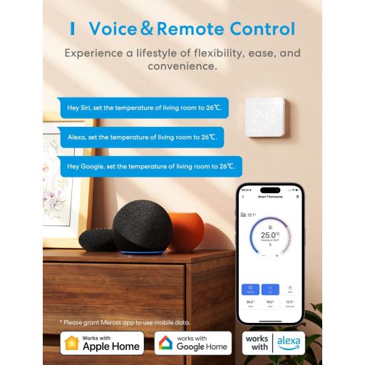 Termostat inteligent Meross pentru încălzire prin pardoseală - WiFi, compatibil HomeKit, Alexa și Google, ecran tactil, controlabil de la distanță, programabil, display LED