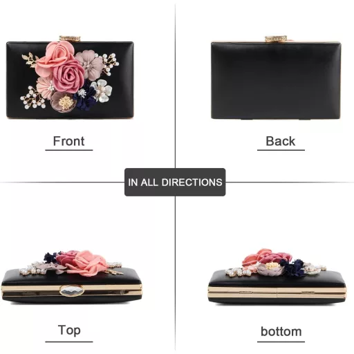 Jywmsc Clutch de seară florală cu perle negre, geantă de nuntă