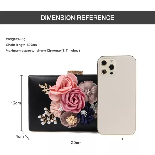 Jywmsc Clutch de seară florală cu perle negre, geantă de nuntă