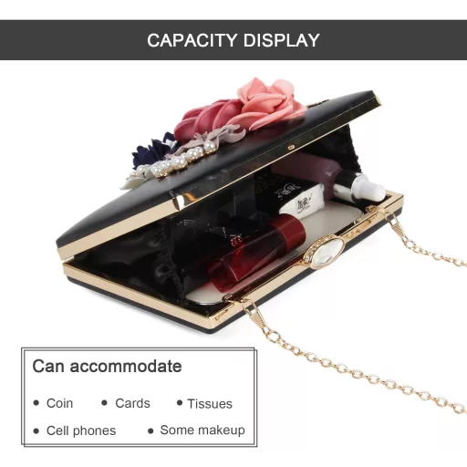 Jywmsc Clutch de seară florală cu perle negre, geantă de nuntă
