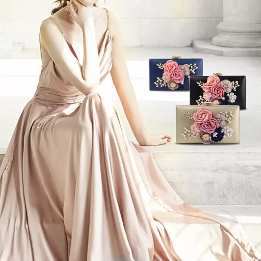 Jywmsc Clutch de seară florală cu perle negre, geantă de nuntă