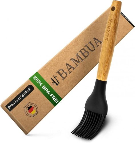 BAMBUA Szilikon Sütőecset Bambusz Nyéllel - 100% BPA-mentes, Hőálló 200°-ig, Fekete