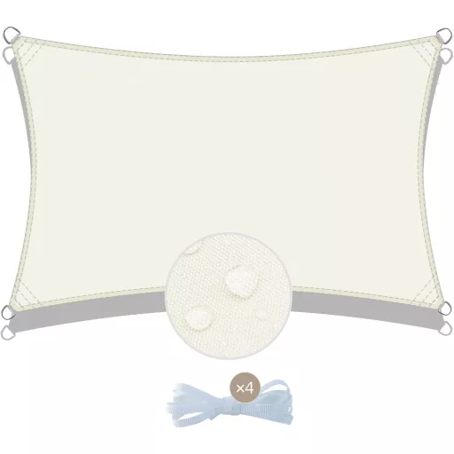 COOL AREA Napvitorla 4x6m - Vízálló, Krémfehér Árnyékoló Ponyva 95% UV Védelemmel - Kerti, Erkély és Terasz Napellenző PES Anyagból