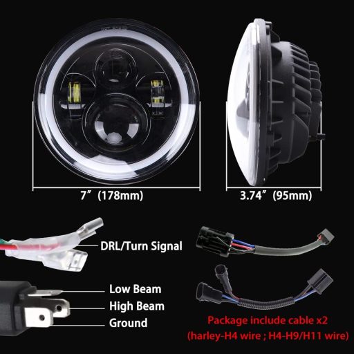 Far LED rotund de motocicletă, 7 inch, JMTBNO, cu DRL și semnalizare galbenă, compatibil Harley Jeep