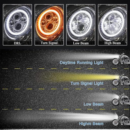 Far LED rotund de motocicletă, 7 inch, JMTBNO, cu DRL și semnalizare galbenă, compatibil Harley Jeep