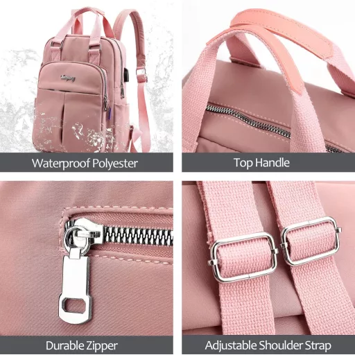 FORRICA Női Hátizsák USB Töltőporttal Vízálló Iskolai Nylon Daypack Rózsaszín