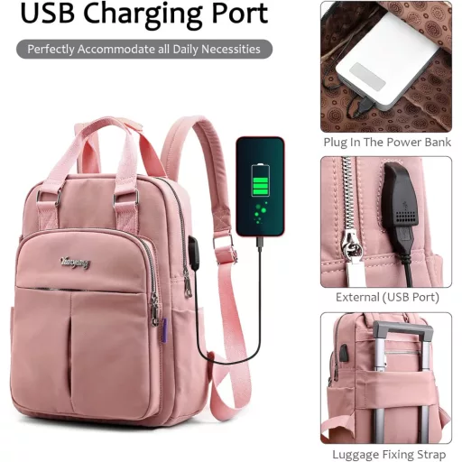 FORRICA Női Hátizsák USB Töltőporttal Vízálló Iskolai Nylon Daypack Rózsaszín